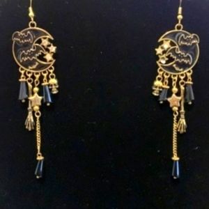 Bats/Moon/Stars Goldtone Dangle Hook Earrings